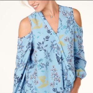 Maette Stella Dot Everett Blue Floral Cold Shoulder Wrap Top Long Sleeve Blouse